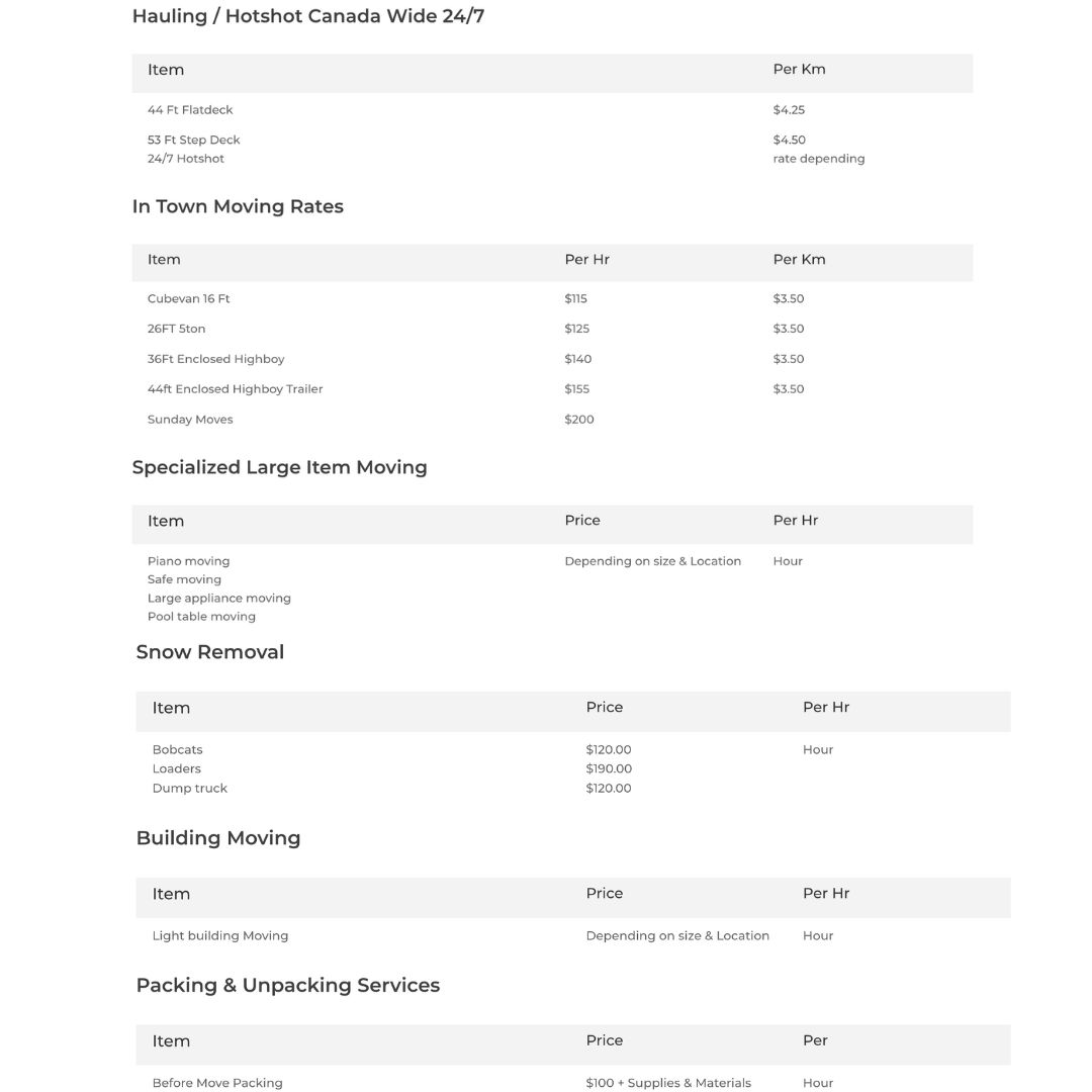 pricing and rate sheet